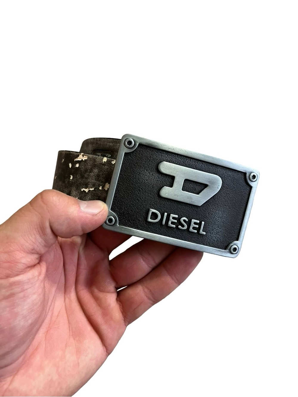 Diesel Men's Black Leather Belt with Silver Logo Buckle